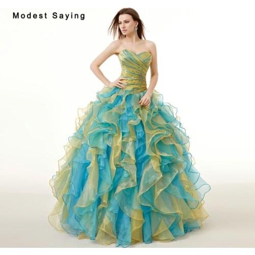 Blue and Yellow Ball Gown Sweetheart Crystal Pleat Ruffled Quinceanera Dresses 2017 Girl Formal Party Prom Gowns vestido 15 anos