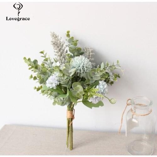 Lovegrace Bridesmaid Wedding Bouquet Artificial Silk Crabapple Flower Bouquet White Pompom Eucalyptus Leaves Wedding Supplies
