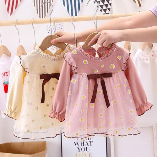 Princess Girls Kids Floral Printed Dresses for Children Girls Long Sleeve Tulle Dress Spring Ruffles Bowknot Baby Girls Dresses