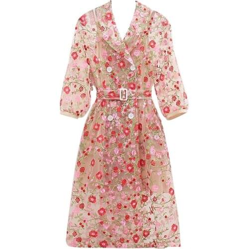 Fashion Windbreaker Jacket Womens Long Section Thin Mesh Gauze Suit Collar Double-Breasted Belt Retro Windbreaker Spring A528