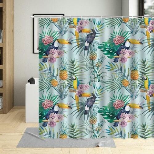 Parrots Toucan Exotic Tropical Flowers Palm Leaves Shower Curtain Jungle Bird Cartoons Bathroom Decor Fabric Curtains With Hooks