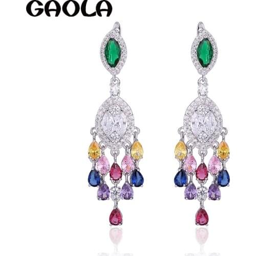 GAOLA Women Flower Multicolor Horse Eye Stones AAA Cubic Zirconia Long Earrings Fashion Jewelry