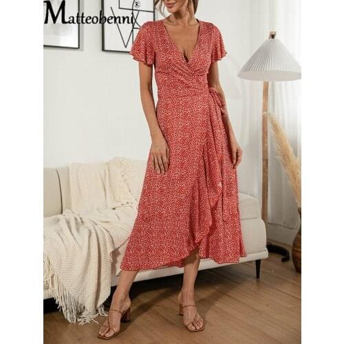 Summer Beach Maxi Dress Women Floral Print Boho Long Chiffon Dress Ruffles Wrap Casual V-Neck Split Sexy Party Dress Robe