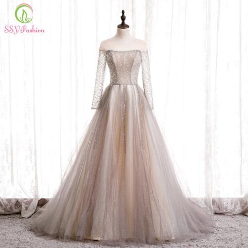 SSYFashion New Luxury Sequins Beading Evening Dress Shining Long Sleeves A-line Prom Formal Gowns for Women Vestidos De Noche