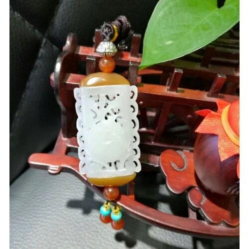 Charms White Jade Amulet hollow out carving Buddha Pendant sachet Hanging Lucky Talisman