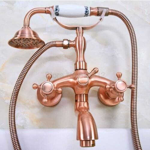 Antique Red Copper Wall Mounted Dual Handles Mixer tap Bathroom Clawfoot Bathtub Shower Faucet Set with Handheld Shower tna322