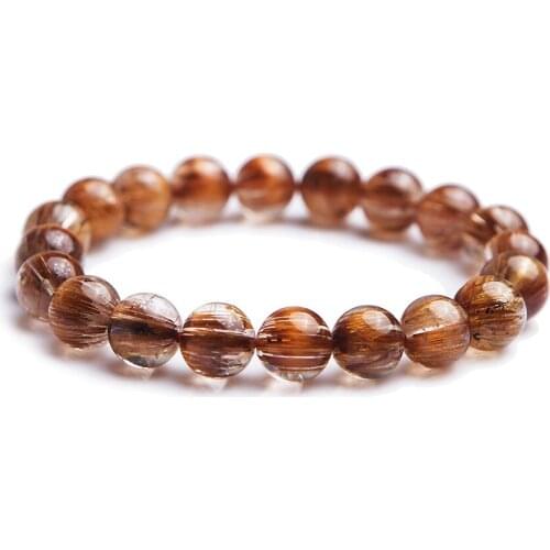 Brazil Genuine Natural Copper Hair Rutilated Quartz Crystal Stretch Round Bead Bracelet 10mm AAAAA