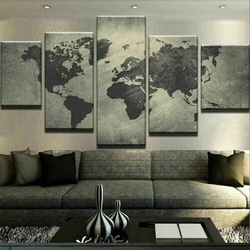 Decorative Grizzly World Map 5 Pieces Canvas Picture Print Wall Art Canvas Painting Wall Decor for Living Room Poster No Framed