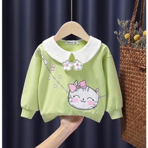 Kids Clothes Girls Hoodie Cute Cat Sweatshirt Baby Toddler Casual Cotton Long-sleeved T-shirt 2021 Spring Children Top 3 Colors