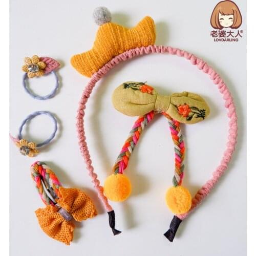 INS Style Popular Color Ginger Yellow Card Wool Handmade Crown Childrens Little Princess Cartoon Headband Hair Accessories Set