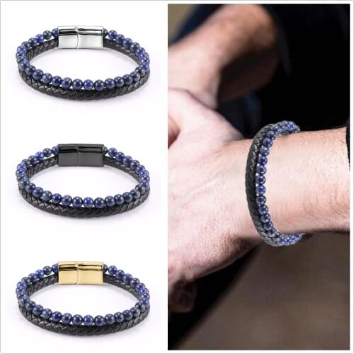 Classic Leather Lapis Lazuli Stone Bracelet Men Stainless Steel Magnetic Buckle Beads Bracelet Jewelry Bracelet Men Fashion
