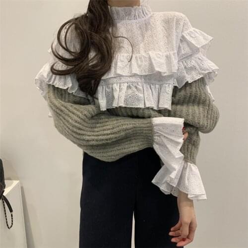 Korean Young Chic Sweet Patchwork Sweater for Ladies Elegant Ruffles Hollow Out Stand Collar Pullovers 2020 Winter New Tops