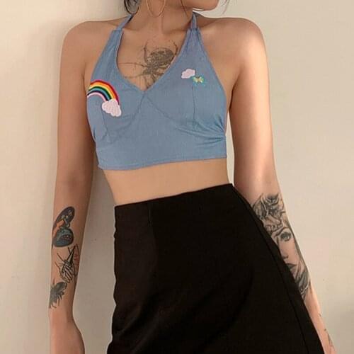 SEASONS Sweet Bandage Cartoon Appliques Front Halter Tops Kawaii Deep V-neck Backless Blue Cropped Tops Streetwear ASVE81502