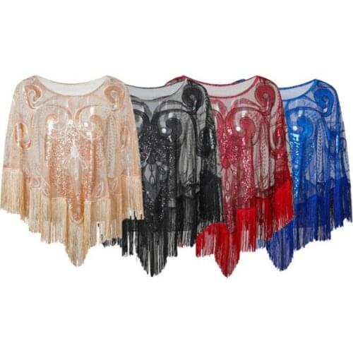 Fashion Large Size Loose Tassel Blouse Shawl Women Sequined Mesh Perspective Short Coat Elegant Banquet Party Cloak Shawl Tops