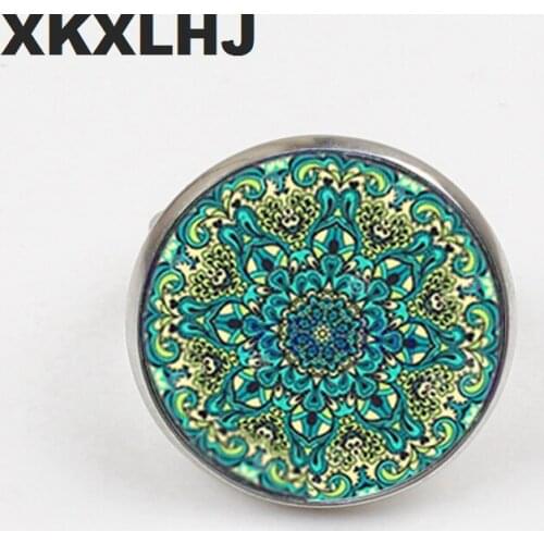 XKXLHJ New Yoga Ring Glass Convex Round Mandala Lotus Ring om symbol Buddhist Zen Henna Jewelry Female Model