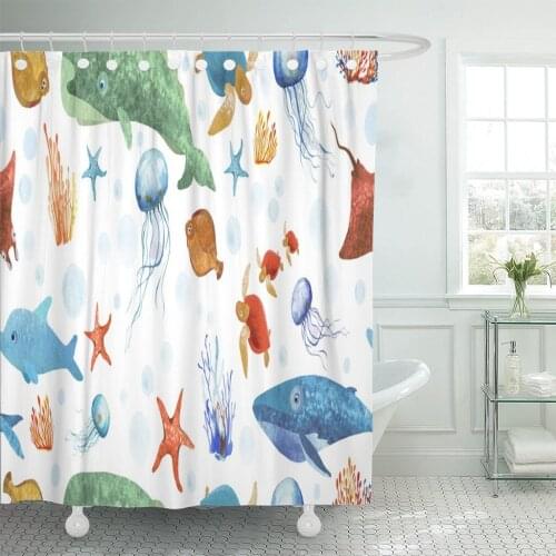 Ocean Animals Marine Life Technique Collage of Watercolor Shower Curtain Polyester 60 x 72 inches Set with Hooks
