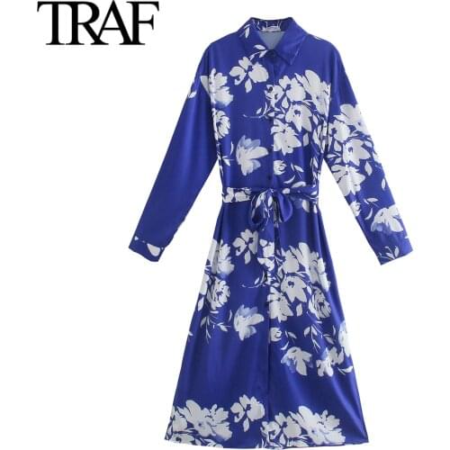 TRAF Female Robe Spring Autumn Long Sleeve Dress Floral Satin Big Shirt Dress French Fashion Bowknot Bandage Long Dress