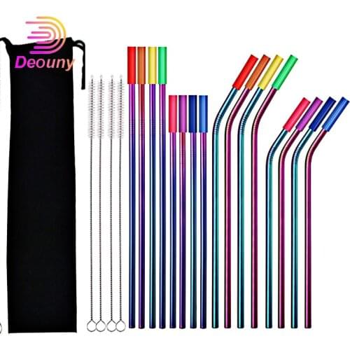 DEOUNY Metal Straws 16Pcs Reusable Drinking Rainbow Multi Tubes Colored Cocktail For 20 24 30 OZ Tumblers With Tips Brush Bar