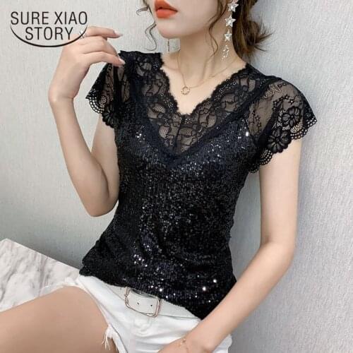 Short Sleeve Slim Black T-shirt 2021 Summer Sexy Lace Women Blouse New V Neck Glitter Sequin Gauze Patchwork Tops Elegant 14652