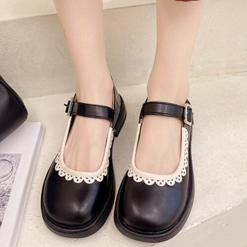 Lucyever Fancy Lace Round Toe Mary Janes Shoes Women 2021 Ankle Strap Square Heels Pumps Woman Pu Leather Low Heel Lolita Shoes