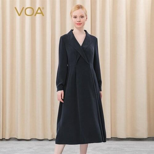 VOA Heavy Silk 30m/m Deep Cross Green Collar Long Sleeve AE370 Vintage Waist To Make Old Long Office Dresses for Women