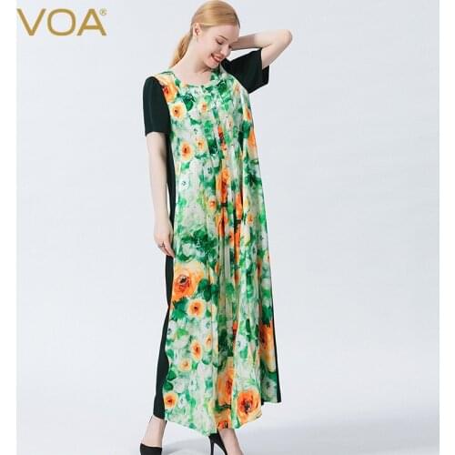 VOA Silk 40m/m Double-sided Qiao Rizhao Tea Green Round Collar Pullover Short Sleeve Printed Jacquard Prom Dresses 2021 AE988