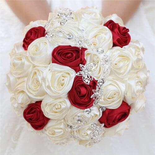 High Quality Wine Red Silk Flowers Bouquet Butterfly Silver Diamond Bouquet Wedding Flowers Bridal Romantic Bouquet Mariage W363