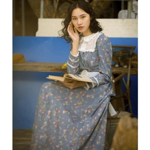 Original Design AIGYPTOS Autumn Winter Women Vintage French Rural Style Long Sleeve Lace Floral Corduroy Long Princess Dress