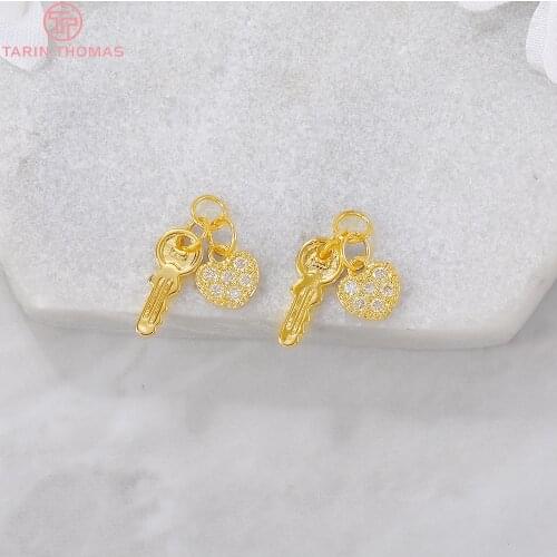 4PCS 4x24MM 24K Gold Color Plated Brass with Zircon Heart and Key Charms Pendants High Quality Diy Jewelry Accessories