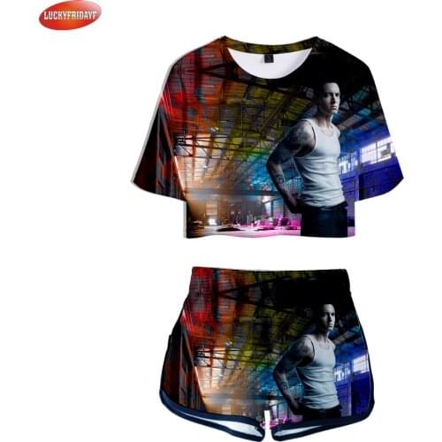 2018 EMINEM Famous Rapper 3D Printed Hip Hop Women Summer Two Piece Sets Short Sleeve Crop Tops+Shorts Fashion Girls Sexy Wear