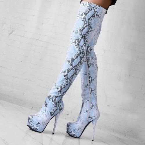 2021 Woman Platform Thigh High Stiletto High Heels Boots Snake Skin Pointed Toe Light Blue Party Shoes Women Big Size 45 46 47