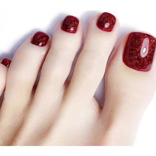 24pcs Pearl Red Wear Short Paragraph Fashion Manicure Patch False Toenail Save Time Wearable Toenail Patch NE