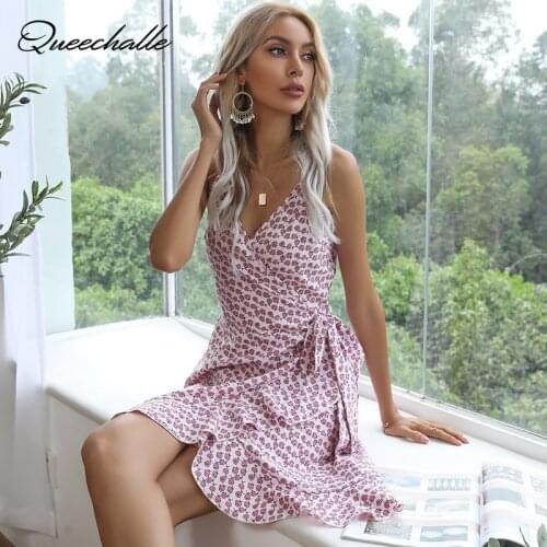 Boho Floral Print Ruffles Women Dress 2021 Summer Sexy V Neck Spaghetti Strap Wrap A Line Mini Dresses Beach Vacation Sundress