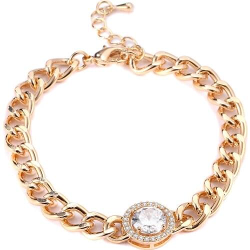 Geometric Round Charm Bracelet Fashion CZ Jewelry For Women Unique Rhinestone Gold Flat Link Chain Friendship Gift Pulseira New