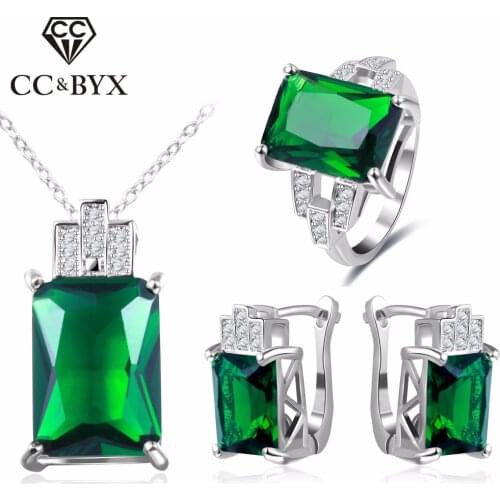 CC Jewelry Fashion Jewelry Set For Women 925 Sterling Silver Jewelry Green Stone CZ Wedding Sets Earring Necklace Ring CCAS119