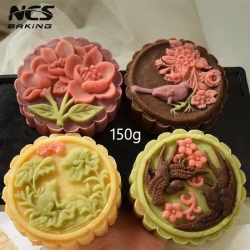 150g round shape flower bird Mooncake mung bean cake Molds mould with 4 Stamps plastic hand pressure , 50sets/lot