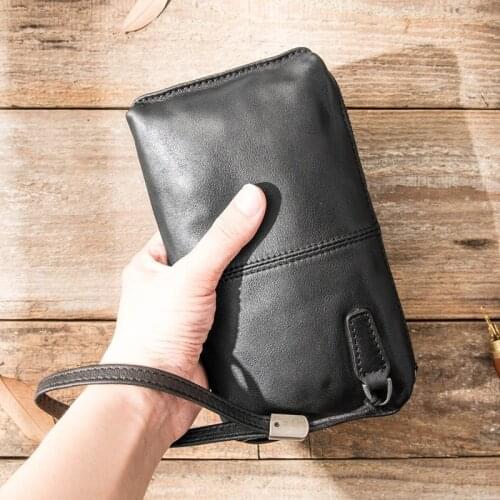 Leather Handbags Men Clutch Bag Retro Casual Long Wallet Zipper Wallet Phone Bags Tide Mens Soft First Layer of Leather