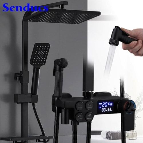 Matte Black Thermostatic Shower Set Faucets Copper Bathroom Shower System Rainfall Shower Head Black Digital Shower Mixer Set