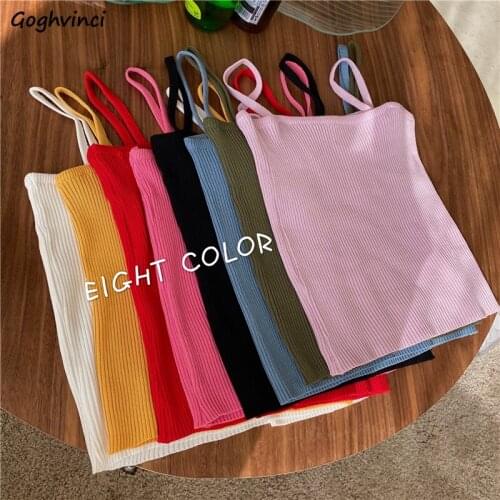 Camis Women Spaghetti Straps Solid Knit Stretchy Thin Cozy Basic Retro Streetwear Female Tops Square Collar Fashion Korean Style