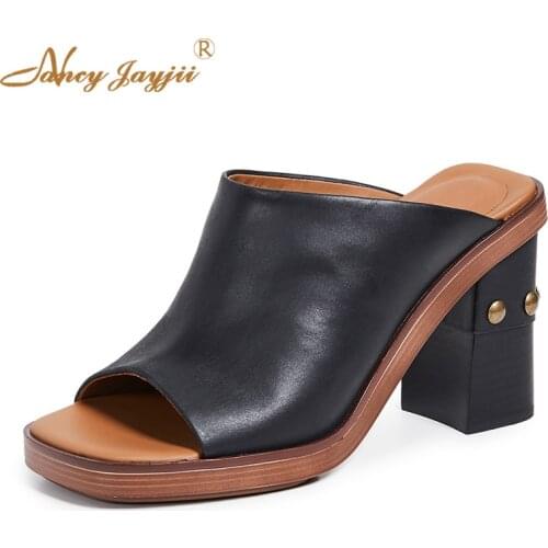 Black Brown Nude Mules Peep Toe Chunky Heels Slides Rivet Slippers Platform French Fashion Women Shoes Summer 2019 Plus Size 16