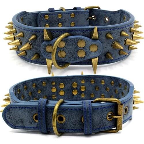 Retro Copper Spikes Studded Dog Collar for Large Dogs German Shepherd Mastiff Rottweiler Bulldog 2" Widen PU Leather Pet Collar