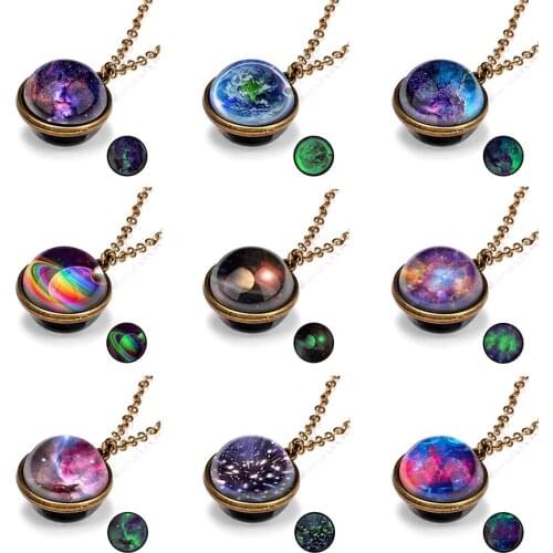 Galaxy Nebula Cosmic Luminous Double-sided Retro Pendant Necklace Women Men Universe Planet Glass Art Picture Jewelry
