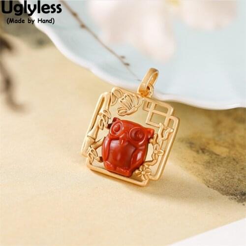 Uglyless Emerald Jade Agate Owl Necklaces No Chains Hollow Square Grilles Pendants for Women 925 Silver Butterfly Jewelry Gold