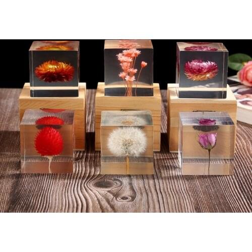 Resin Rose Daisy Cube Dandelion Crystal Glass Paperweight Real Natural Plant Specimen Feng Shui Flowers Xmas Gift With Wood Box