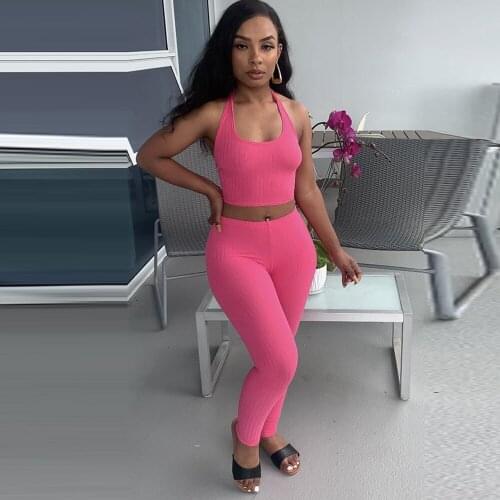 Casual Solid Two 2 Piece Sets Women Clothes Sleeveless Square Neck Crop Top and Skinny Long Pants Summer Sporty Matching Set