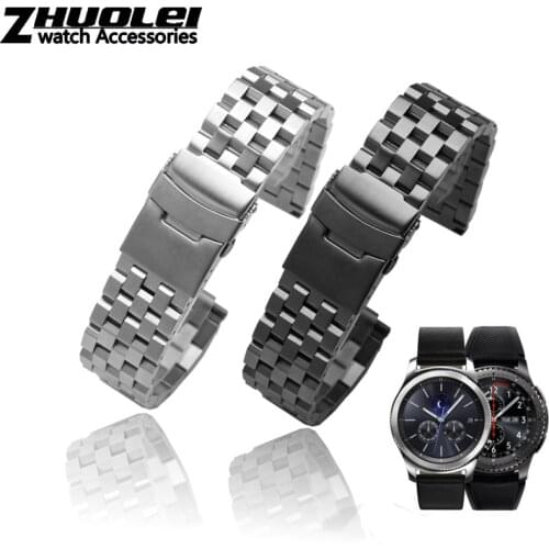 For huawei Samsung 22mm 20mm Silver/Black Stainless Steel Solid Link Watchband Strap Folding Clasp with Safety Men Correa De Rel