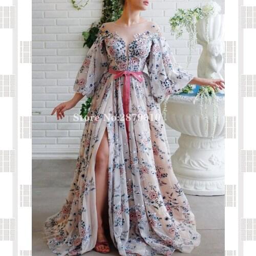 Gorgeous Elegant A-Line Evening Dress Slit Floor-Length Turkish Sash Prom Dress Robe De Soiree Aibye Vestido de festa 2020 Dubai