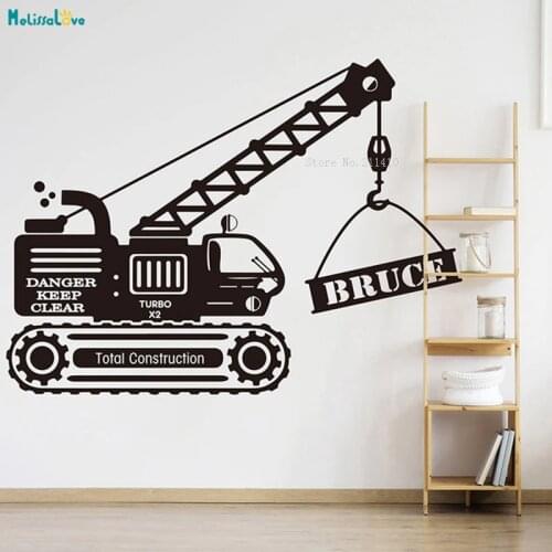 Large Size Custom Name Construction Crane Truck Wall Decals Bulldozer Personalized Vinyl Sticker for Kids Boys YT2598