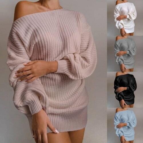 Vintage Sweater Dress One Shoulder Knitted Above Knee Lantern Sleeve Mini Dress for Dating 2021 Sweater Dress Elegant Sexy Dress