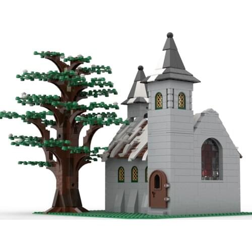 MOC European Style Winter Church Building Blocks Architecture Town Street View Tree House Idea Assemble Toys For Children Gifts